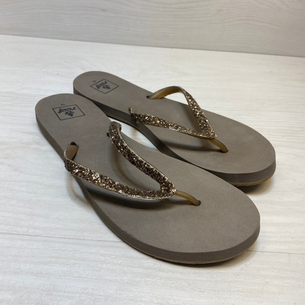Reef Stargazer Womens 10 Flip‎ Flops Taupe Brown Gold Glitter Thong Sandals